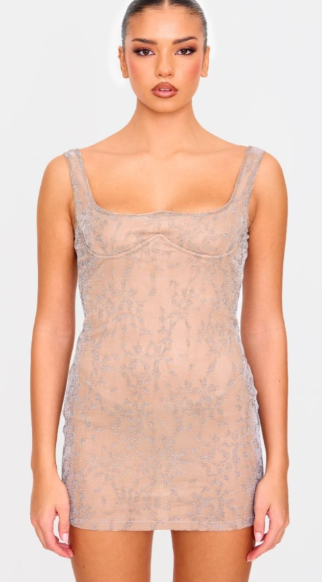 Bronze Textured Glitter Underwire Strappy Shift Dress