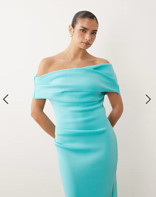 ASOS DESIGN bardot midi dress with split in turquoise scuba-style fabric
