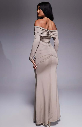 Aria Cove deep bardot gold hardware front drape detail maxi dress in beige