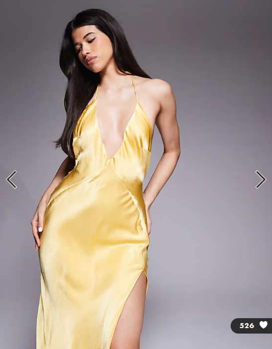Bardot Yve satin plunge halter neck low back slit front midaxi dress in yellow