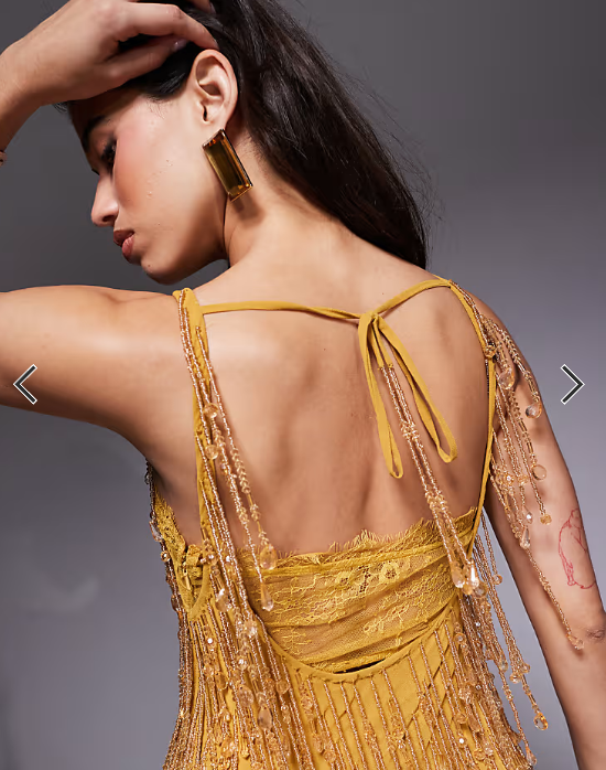 ASOS DESIGN embellished midi dress with sheer lace lining in mustard