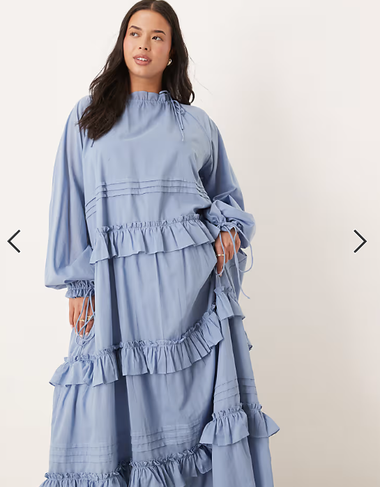 ASOS DESIGN Curve tiered ruffle maxi dress with ties in smokey blue