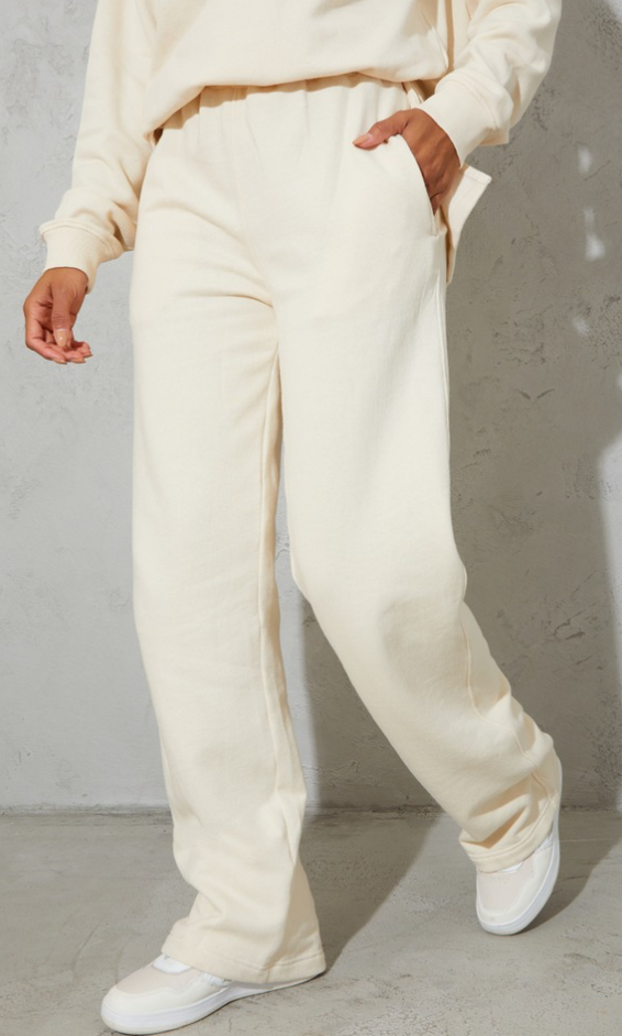 Cream Shirred Waist Seam Front Wide Leg Joggers