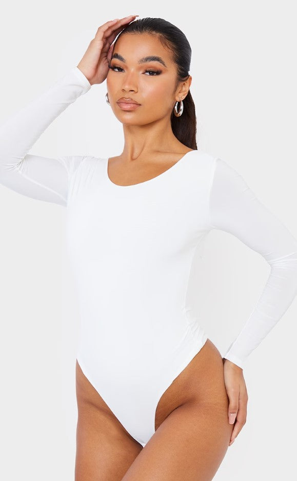 White Second Skin Long Sleeve Thong Bodysuit