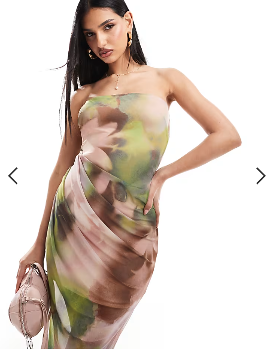 ASOS DESIGN bandeau midi dress with drape mesh bodice in blurred floral print