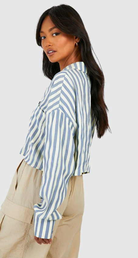 Boohoo Stripe Cropped Shirt - blue