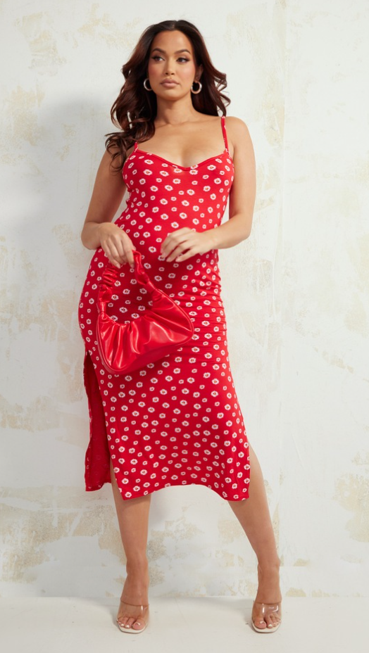 Maternity Red Floral Print Split Cami Midi Dress