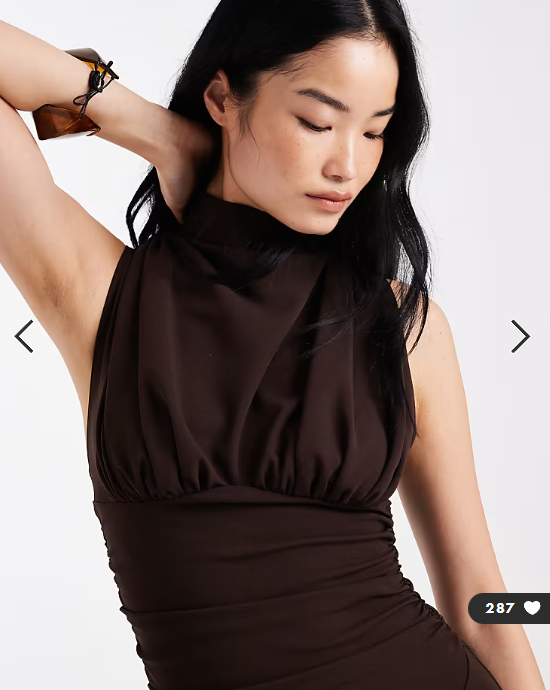 ASOS DESIGN ruched bodice maxi dress with grown on neck in chocolate
