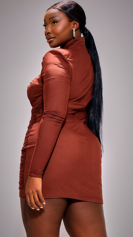 Plt - Plus Chocolate Mesh Cut Out Detail Shoulder Pad Bodycon Dress