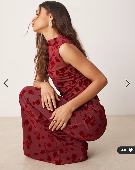 ASOS DESIGN flocked mesh low rise co ord maxi skirt in red