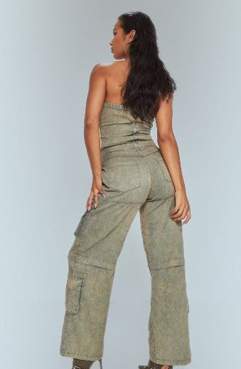 Khaki Acid Wash Bandeau Lace Up Utility Jumpsuit