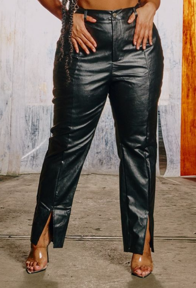 Plt - Plus Black Vinyl Split Hem Trousers