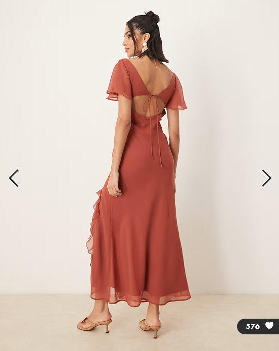 ASOS DESIGN flutter sleeve lace trim ruffle split midaxi dress with open back in rust