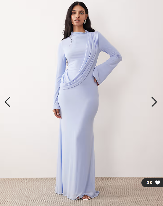 ASOS DESIGN mesh draped high neck long sleeve maxi dress in blue
