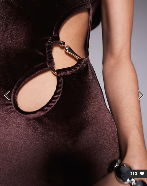ASOS DESIGN velvet bardot midi dress with cut out and trim in mocha