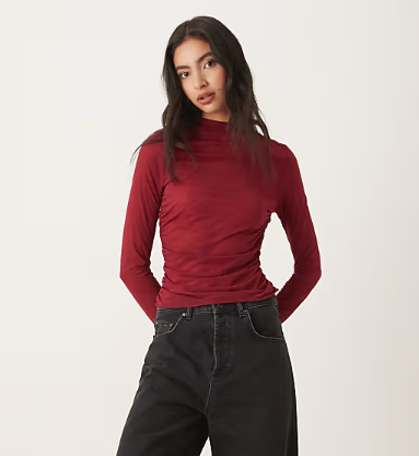 ASOS DESIGN high neck mesh semi sheer long sleeve top in red