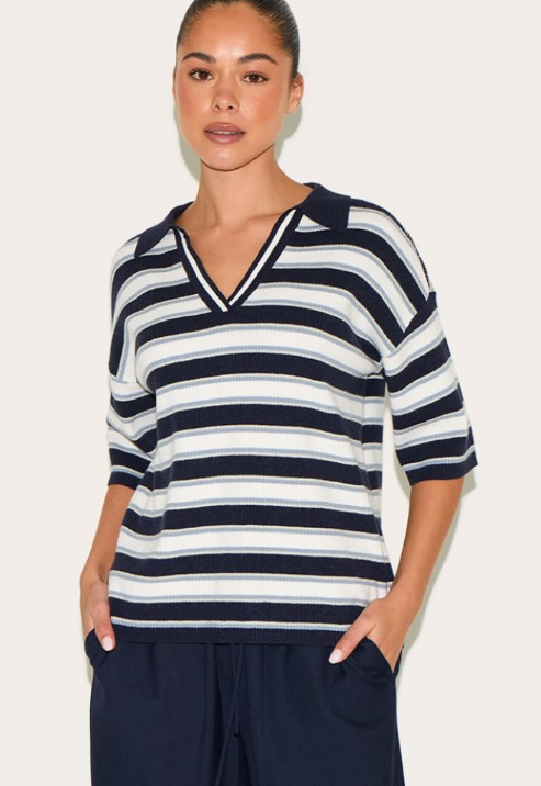Black Stripe Soft Knit V Neck Collar Polo Top