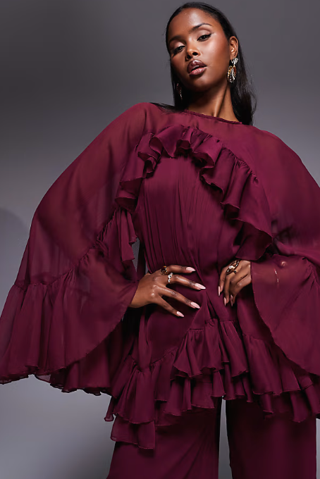 ASOS DESIGN volume ruffle cape jumpsuit in berry