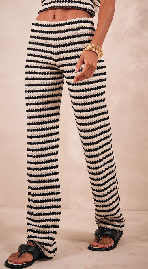 Black Stripe Textured Rib Flared Trousers