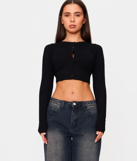 Petite Black Basic Fine Knit Button Up Cropped Cardigan