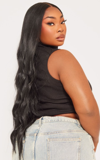 Plus Black Basic Rib High Neck Sleeveless Crop Top