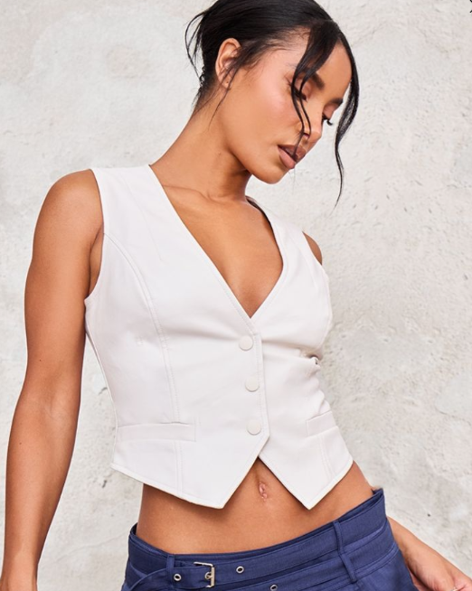 Ecru Faux Leather Fitted Waistcoat