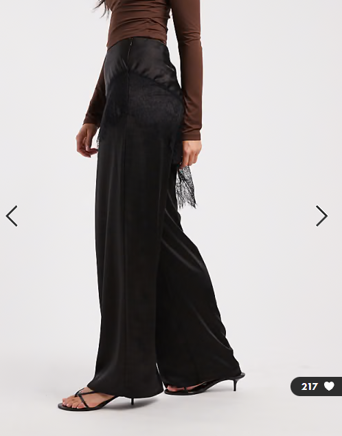 ASOS DESIGN tailored wide leg satin trousers with lace trim skirt overlay in black