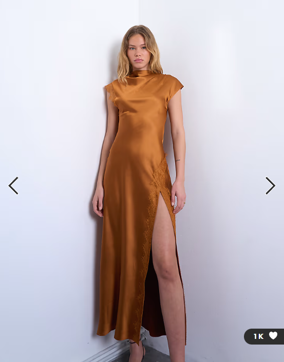 Topshop satin drape neck maxi dress with lace trim in caramel