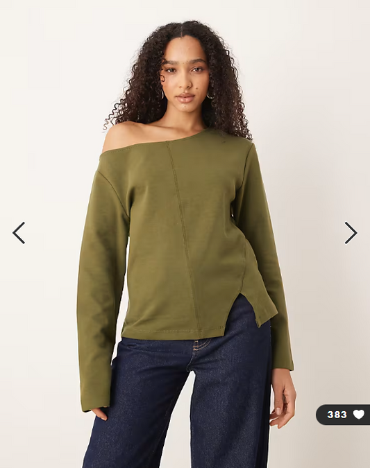 ASOS DESIGN interlock front seam off the shoulder long sleeve t-shirt in khaki