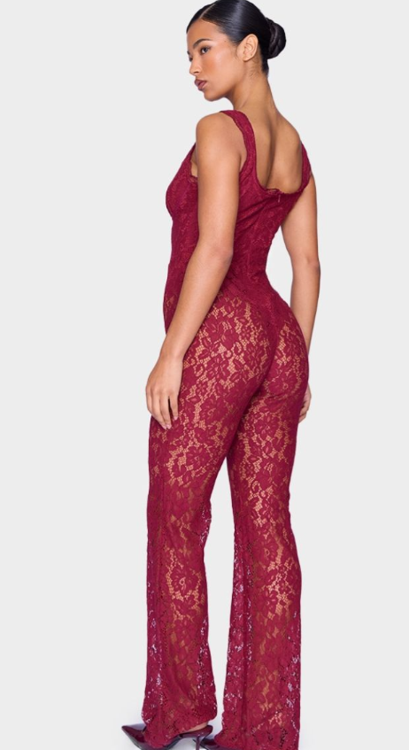 Burgundy Lace Boning Detail Strappy Flared Jumpsuit