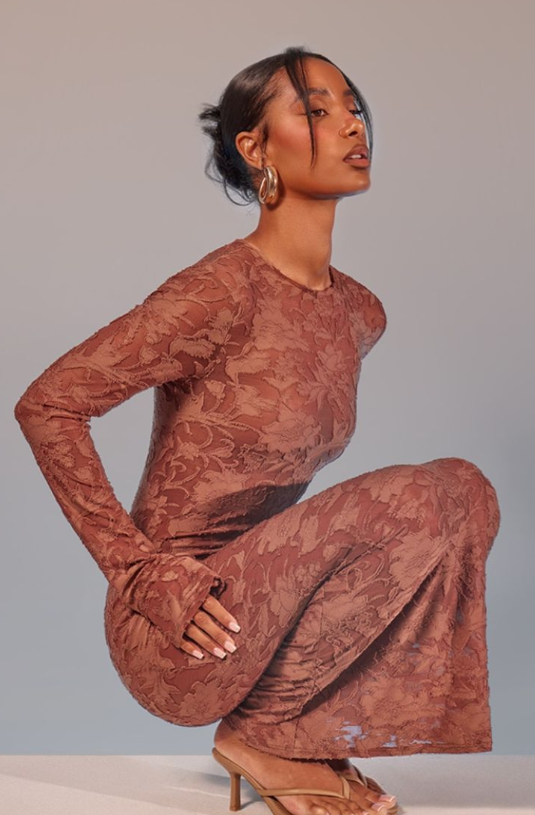 Mocha Floral Sheer Burnout Long Sleeve Maxi Dress