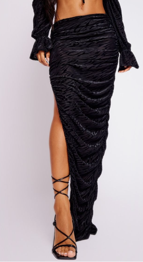 Black Sheer Devore Ruched Midaxi Skirt