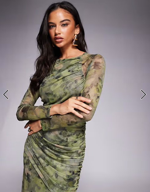 ASOS DESIGN printed mesh long sleeve maxi dress with asymmetric ruching in abstract floral print