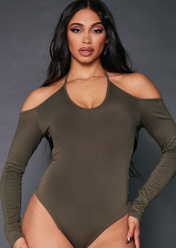 Moss Khaki Jersey Halter Bardot Bodysuit