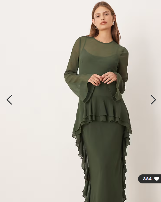 ASOS DESIGN long sleeve frill hem chiffon maxi dress in dark green
