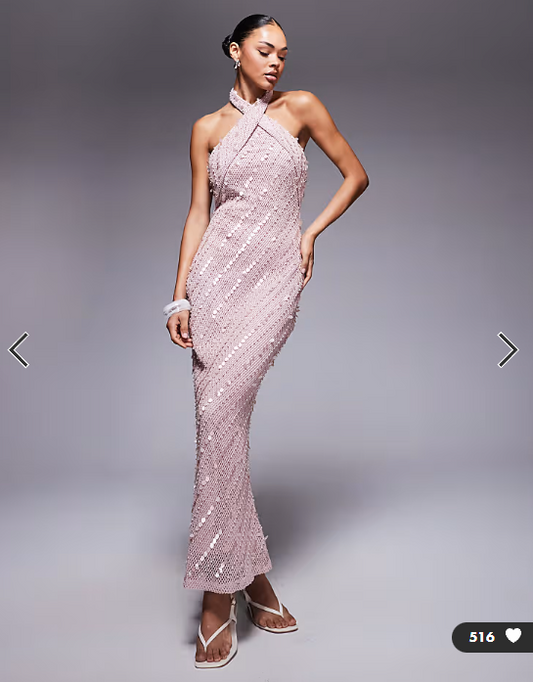 ASOS DESIGN crochet cross front maxi dress with sequin and pearl embellishment in light pink