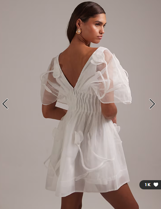 ASOS DESIGN bridal trailing 3D floral pintuck cinch waist mini dress in ivory