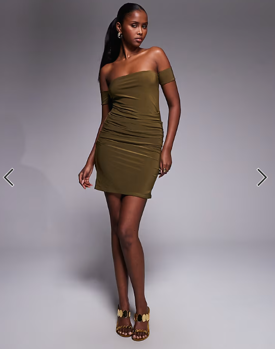 Kaiia exclusive double layered slinky bardot mini dress in khaki