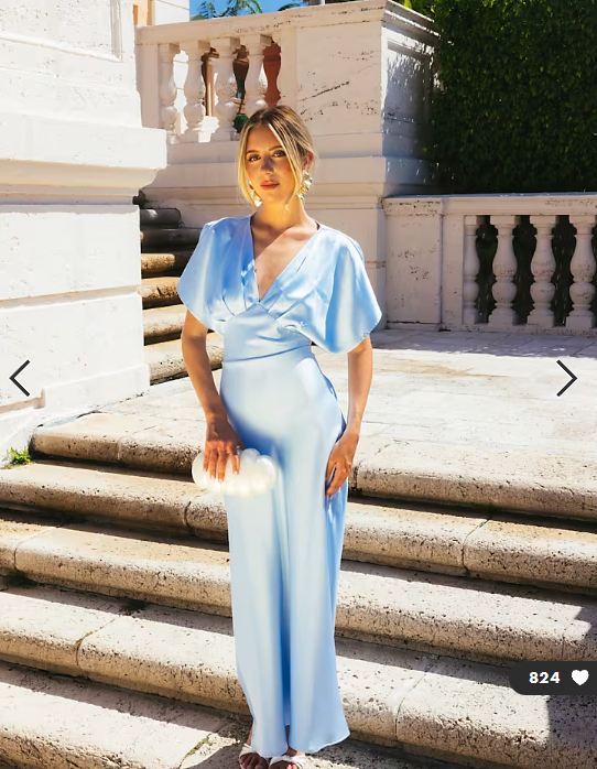 Gina Tricot batwing plunge satin maxi dress in light blue