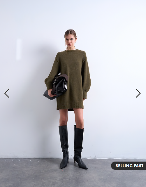 Topshop knitted wool crew neck mini dress in khaki
