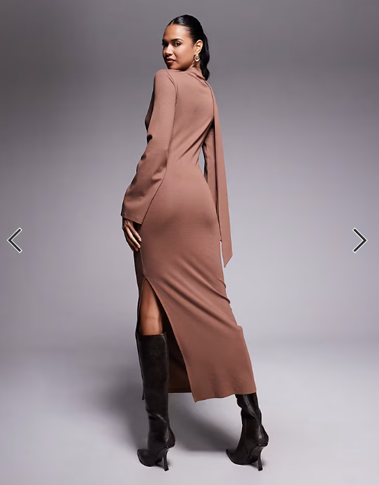 ASOS DESIGN scarf detail fluted sleeve midi dress in brown