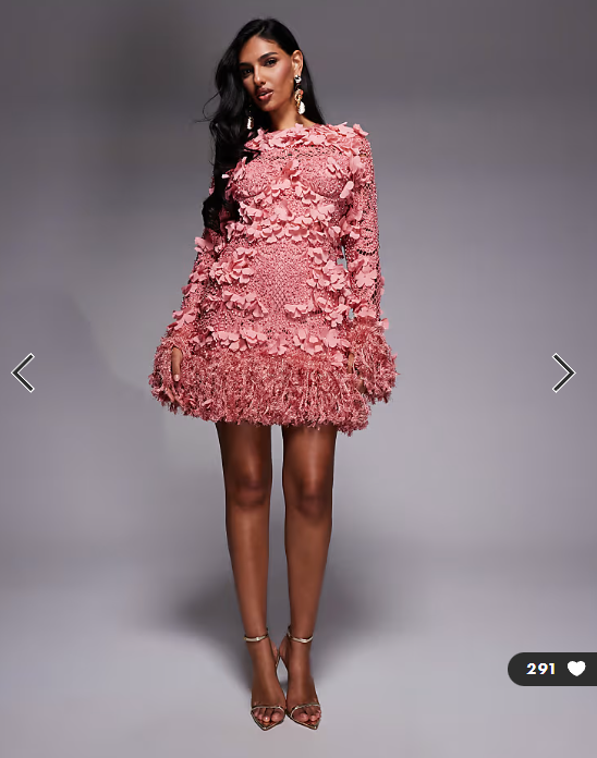 ASOS LUXE 3D floral embellished broderie mini dress with faux feather trim in pink