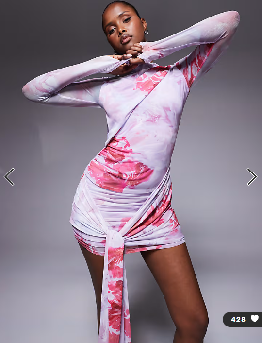 ASOS DESIGN mesh tie shoulder mini dress with knot drape detail in pink floral print
