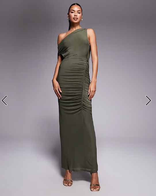 ASOS DESIGN mesh draped back ruched maxi dress in khaki