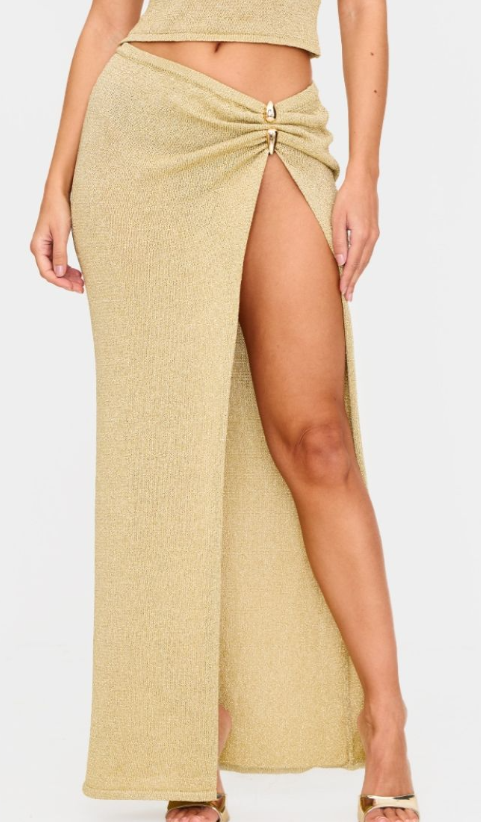 Gold Lurex Knit Gold Trim Side Split Maxi Skirt