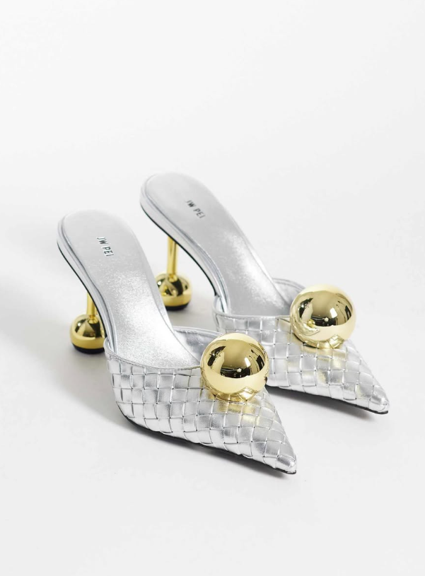 Jw Pei - sofia woven gold sphere heel mules in silver