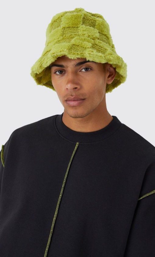 Fluffy Checkerboard Bucket Hat - lime