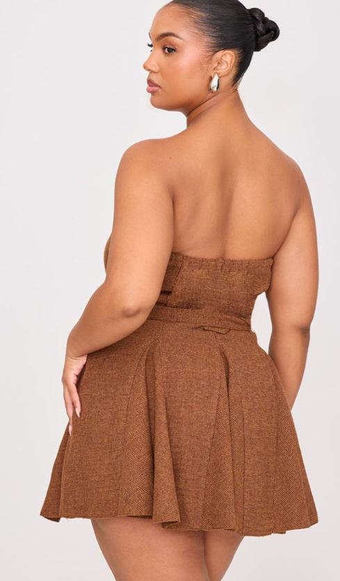 Plus Brown Pleated Bandeau Belted Mini Dress