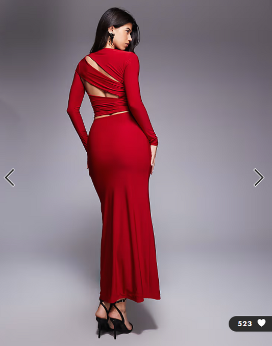 Kaiia exclusive double layered slinky cut out back detail long sleeve maxi dress in cherry red