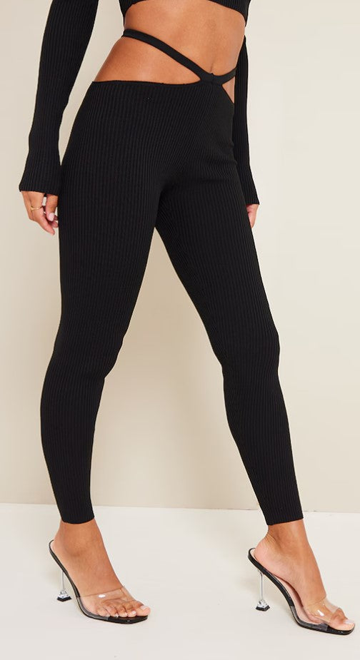 Black Rib Knit Cut Out Waist Leggings